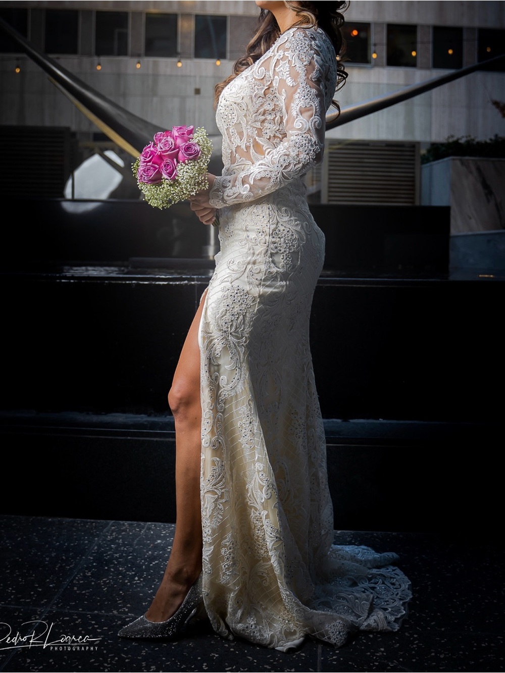 Ivory Lace Long Sleeve Bridal Gown with Side Slit $500